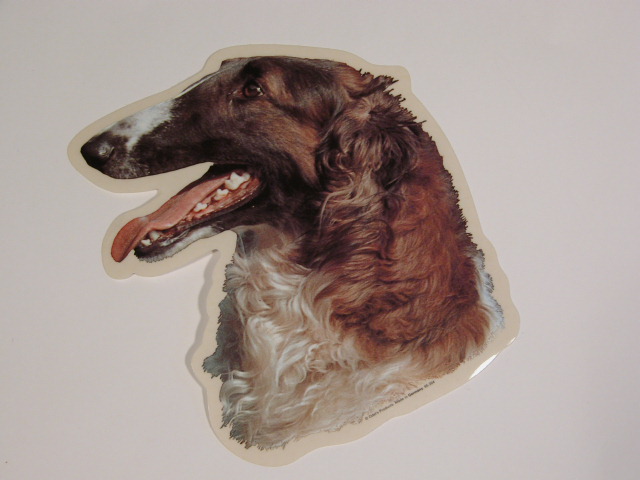 Borzoi, hv. Vælg: klistermærke, nøglering, broche, slipsenål, mm.